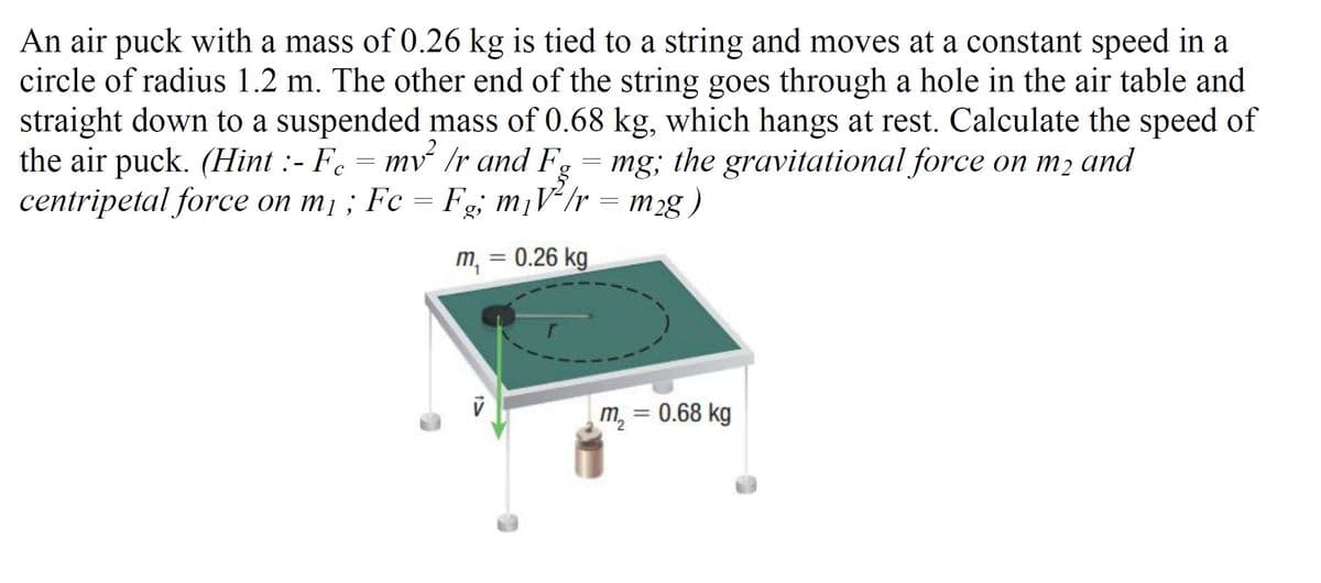 An air puck with a mass of 0.26 kg is tied to a string and moves at a constant speed in a
circle of radius 1.2 m. The other end of the string goes through a hole in the air table and
straight down to a suspended mass of 0.68 kg, which hangs at rest. Calculate the speed of
the air puck. (Hint :- Fe = mv /r and Fg
centripetal force on m ;
mg; the gravitational force on m2 and
C
Fc = Fg, m¡V/r = mg )
m, = 0.26 kg
%3D
m, = 0.68 kg

