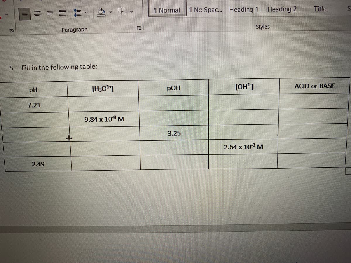 I Normal
1 No Spac.. Heading 1
Heading 2
Title
Styles
Paragraph
5.
Fill in the following table:
[H3O"]
РОН
[OH']
ACID or BASE
pH
7.21
9.84 x 10° M
3.25
2.64 x 102 M
2.49
