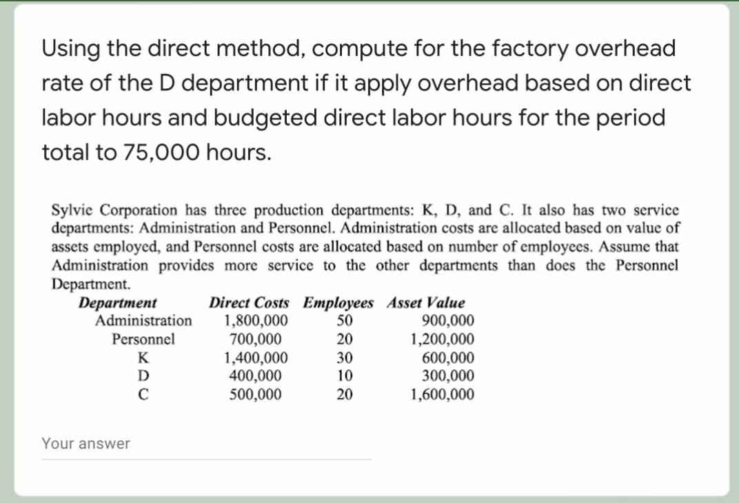 Using the direct method, compute for the factory overhead
rate of the D department if it apply overhead based on direct
labor hours and budgeted direct labor hours for the period
total to 75,000 hours.
Sylvie Corporation has three production departments: K, D, and C. It also has two service
departments: Administration and Personnel. Administration costs are allocated based on value of
assets employed, and Personnel costs are allocated based on number of employees. Assume that
Administration provides more service to the other departments than does the Personnel
Department.
Department
Administration
Direct Costs Employees Asset Value
900,000
1,200,000
600,000
300,000
1,600,000
1,800,000
700,000
1,400,000
400,000
500,000
50
Personnel
20
30
10
K
D
C
20
Your answer
