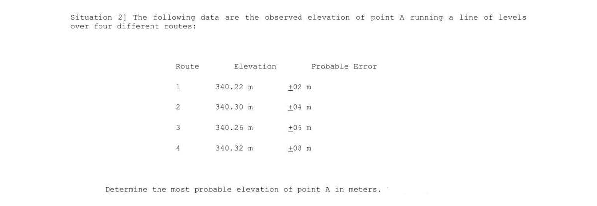 the observed elevation of point A running a
Situation 2] The following data are
over four different routes:
line of levels
Route
Elevation
Probable Error
340.22 m
+02 m
340.30 m
+04 m
3
340.26 m
+06 m
4
340.32 m
+08 m
Determine the most probable elevation of point A in meters.
