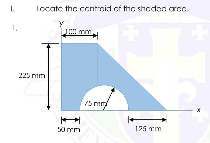 I.
Locate the centroid of the shaded area.
1.
100 mm,
225 mm
75 mm
50 mm
125 mm
