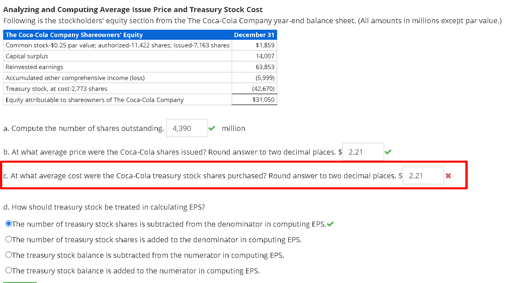 Analyzing and Computing Average Issue Price and Treasury Stock Cost
Following is the stockholders' equity section from the The Coca-Cola Company year-end balance sheet. (All amounts in millions except par value.)
The Coca-Cola Company Shareowners' Equity
Common stock-$0.25 par value; authorized-11,422 shares; issued-7,163 shares
Capital surplus
Reinvested earnings
Accumulated other comprehensive income (loss)
Treasury stock, at cost-2,773 shares
Equity attributable to shareowners of The Coca-Cola Company
December 31
$1,859
14.007
63,853
(5,999)
(42,670)
$31,050
a. Compute the number of shares outstanding. 4,390 ✔ million
b. At what average price were the Coca-Cola shares issued? Round answer to two decimal places. $ 2.21
c. At what average cost were the Coca-Cola treasury stock shares purchased? Round answer to two decimal places. $ 2.21
d. How should treasury stock be treated in calculating EPS?
OThe number of treasury stock shares is subtracted from the denominator in computing EPS.✔
OThe number of treasury stock shares is added to the denominator in computing EPS.
OThe treasury stock balance is subtracted from the numerator in computing EPS.
OThe treasury stock balance is added to the numerator in computing EPS.
X