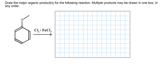 Draw the major organic product(s) for the following reaction. Multiple products may be drawn in one box, in
any order.
бат
Cl₂ / FeCl₂