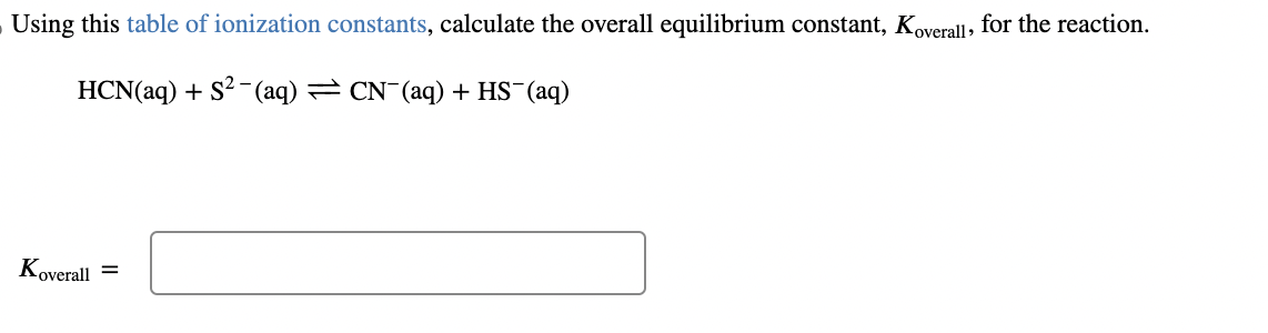 Using this table of ionization constants, calculate the overall equilibrium constant, Koverall, for the reaction.
HCN(aq) + S²(aq) ⇒ CN¯(aq) + HS¯(aq)
Koverall =