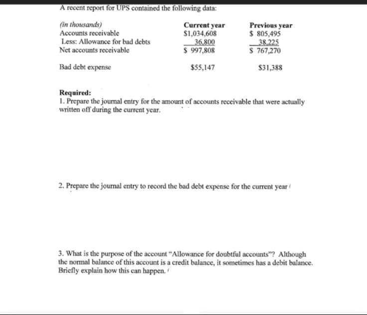 A recent report for UPS contained the following data:
(in thousands)
Accounts receivable
Less: Allowance for bad debts
Net accounts receivable
Bad debt expense
Current year
$1,034,608
36,800
$ 997,808
$55,147
Previous year
$ 805,495
38,225
S 767,270
$31,388
Required:
1. Prepare the journal entry for the amount of accounts receivable that were actually
written off during the current year.
2. Prepare the journal entry to record the bad debt expense for the current year
3. What is the purpose of the account "Allowance for doubtful accounts"? Although
the normal balance of this account is a credit balance, it sometimes has a debit balance.
Briefly explain how this can happen.