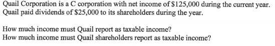 Quail Corporation is a C corporation with net income of $125,000 during the current year.
Quail paid dividends of $25,000 to its shareholders during the year.
How much income must Quail report as taxable income?
How much income must Quail shareholders report as taxable income?