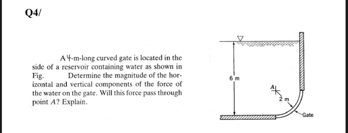 Q4/
A4-m-long curved gate is located in the
side of a reservoir containing water as shown in
Fig.
izontal and vertical components of the force of
the water on the gate. Will this force pass through
point A? Explain.
Determine the magnitude of the hor-
6 m
m
Gate

