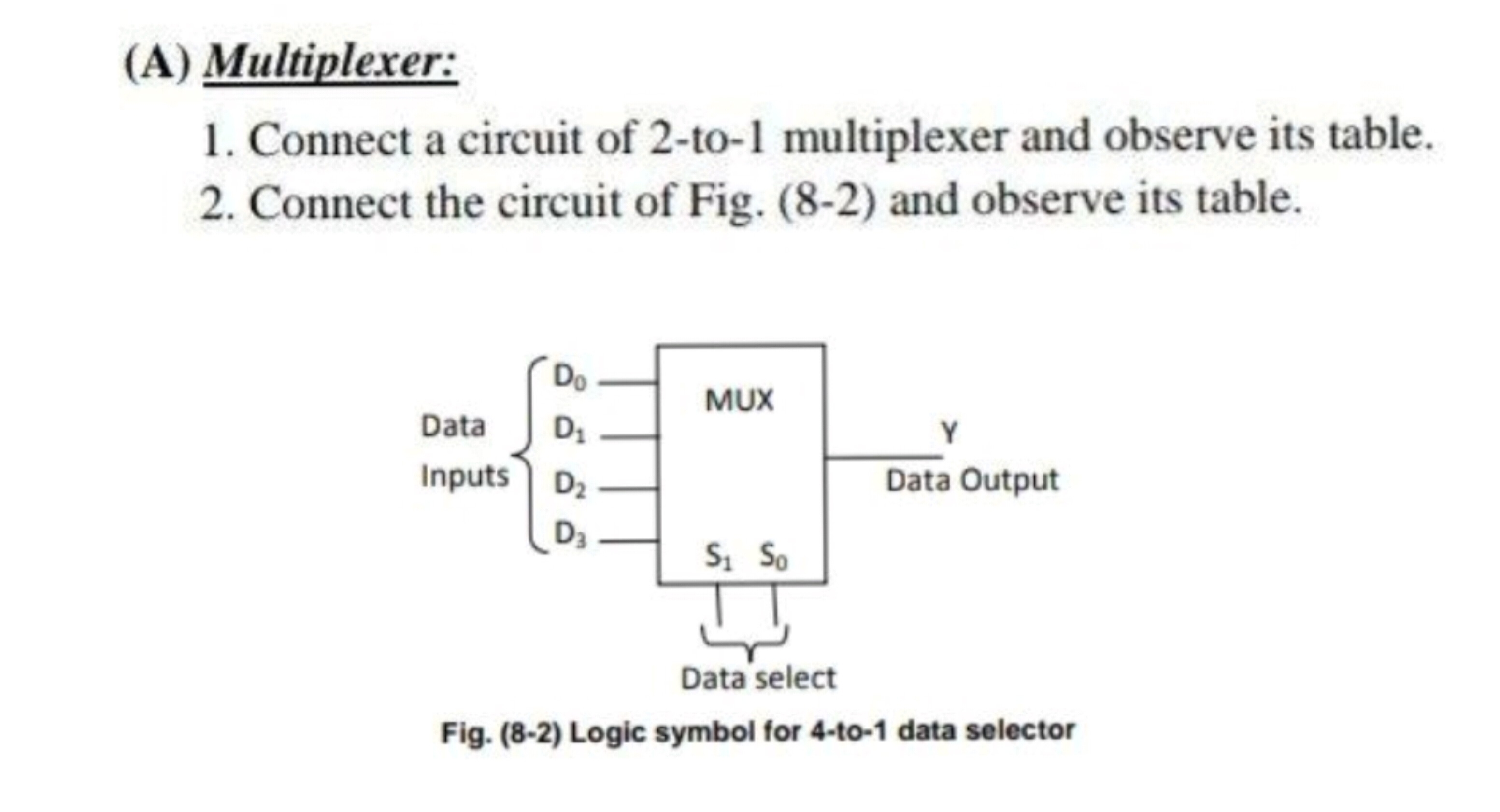 1. Connect a circuit of 2-to-1 multiplexer and observe its table.
2. Connect the circuit of Fig. (8-2) and observe its table.
