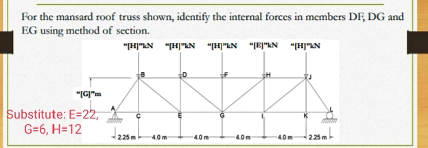 For the mansard roof truss shown, identify the internal forces in members DF, DG and
EG using method of section.
"HJ"kN "[H]"kN "H]"kN "[EJ"kN "[H]"kN
"IG]"m
A
Substitute: E=22,
G=6, H=12
K
mim
t225m-
4.0m
4.0 m
4.0 m
4.0 m
2.25 m
