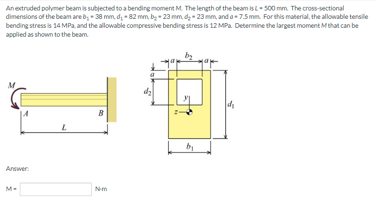 An extruded polymer beam is subjected to a bending moment M. The length of the beam is L = 500 mm. The cross-sectional
dimensions of the beam are b₁ = 38 mm, d₁ = 82 mm, b₂ = 23 mm, d₂ = 23 mm, and a = 7.5 mm. For this material, the allowable tensile
bending stress is 14 MPa, and the allowable compressive bending stress is 12 MPa. Determine the largest moment M that can be
applied as shown to the beam.
b₂
a
M
d₁
B
L
N-m
| A
Answer:
M=
d₂
b₁