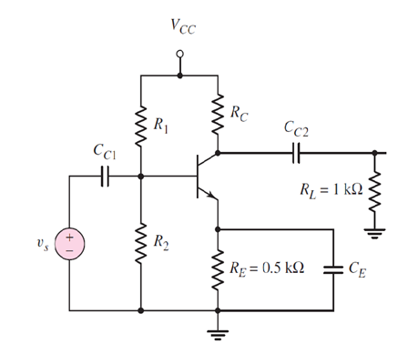 Vcc
RC
R1
Cc2
R = 1 kN
R2
Vs
RE = 0.5 kQ
CE
