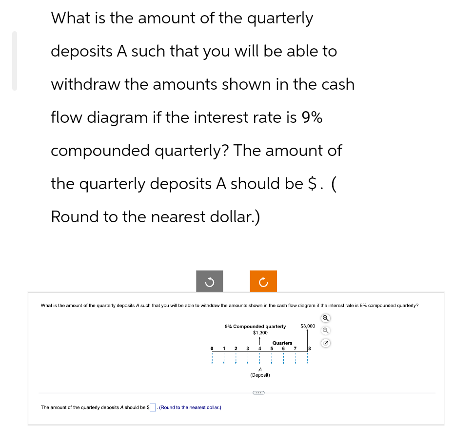 What is the amount of the quarterly
deposits A such that you will be able to
withdraw the amounts shown in the cash
flow diagram if the interest rate is 9%
compounded quarterly? The amount of
the quarterly deposits A should be $. (
Round to the nearest dollar.)
What is the amount of the quarterly deposits A such that you will be able to withdraw the amounts shown in the cash flow diagram if the interest rate is 9% compounded quarterly?
0
A
9% Compounded quarterly
$1,300
1
1
The amount of the quarterly deposits A should be S. (Round to the nearest dollar.)
2
4
(Deposit)
Quarters
6
7
$3,000
8
Q
2