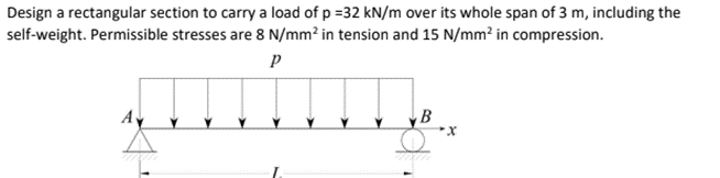 Design a rectangular section to carry a load of p =32 kN/m over its whole span of 3 m, including the
self-weight. Permissible stresses are 8 N/mm? in tension and 15 N/mm² in compression.
B
