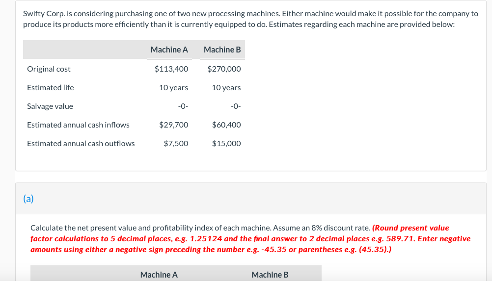 Swifty Corp. is considering purchasing one of two new processing machines. Either machine would make it possible for the company to
produce its products more efficiently than it is currently equipped to do. Estimates regarding each machine are provided below:
Machine A
Machine B
Original cost
$113,400
$270,000
Estimated life
10 years
10 years
Salvage value
-0-
-0-
Estimated annual cash inflows
$29,700
$60,400
Estimated annual cash outflows
$7,500
$15,000
(a)
Calculate the net present value and profitability index of each machine. Assume an 8% discount rate. (Round present value
factor calculations to 5 decimal places, e.g. 1.25124 and the final answer to 2 decimal places e.g. 589.71. Enter negative
amounts using either a negative sign preceding the number e.g. -45.35 or parentheses e.g. (45.35).)
Machine A
Machine B
