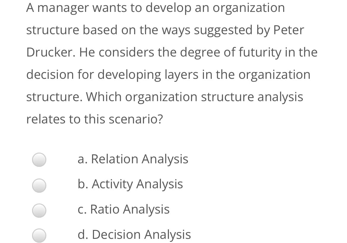 A manager wants to develop an organization
structure based on the ways suggested by Peter
Drucker. He considers the degree of futurity in the
decision for developing layers in the organization
structure. Which organization structure analysis
relates to this scenario?
a. Relation Analysis
b. Activity Analysis
c. Ratio Analysis
d. Decision Analysis
