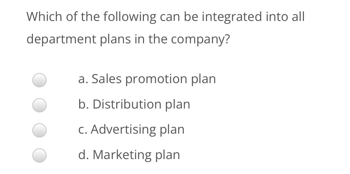 Which of the following can be integrated into all
department plans in the company?
a. Sales promotion plan
b. Distribution plan
C. Advertising plan
d. Marketing plan
