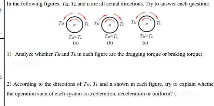 In the following figures, TM, TL and n are all actual directions. Try to answer each question:
+
TM
TL TM
n TL
TM
TL
TM<TL
TM-TL
(b)
(a)
1) Analyze whether TM and TL in each figure are the dragging torque or braking torque;
TM>TL
(c)
d
2) According to the directions of TM, TL and n shown in each figure, try to explain whether
the operation state of each system is acceleration, deceleration or uniform?