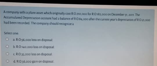 Accumulated Depreciation account had a balance of R.O 84,0
had been recorded The company should recognize a
Select one
O
a. RO.56,000 loss on disposal.
O bRO.140,0oo loss on disposal.
O CRO35.0oo loss on disposal.
d. RO 56,000 gain on disposal.
