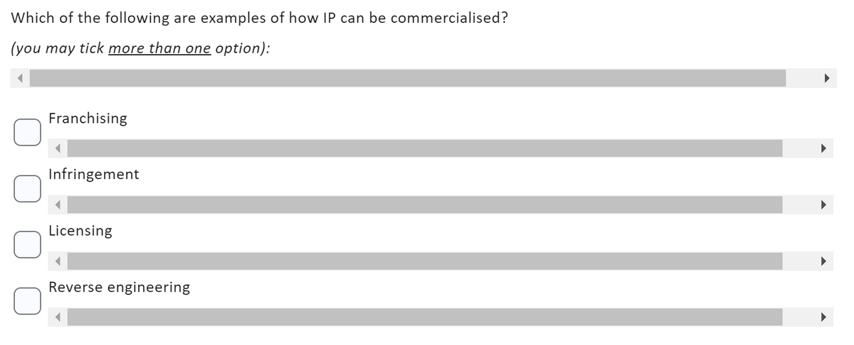 Which of the following are examples of how IP can be commercialised?
(you may tick more than one option):
Franchising
Infringement
Licensing
Reverse engineering