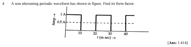 A non alternating periodic waveform has shown in figure. Find its form factor.
4
↑ 1A
0.5 AF
10
20
30
40
t (m sec) →
[Ans: 1.414]
