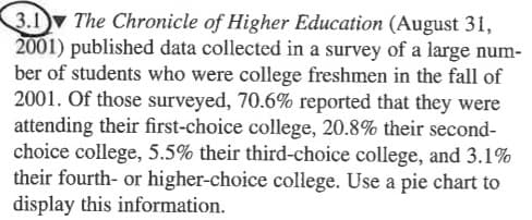 3.1 The Chronicle of Higher Education (August 31,
2001) published data collected in a survey of a large num-
ber of students who were college freshmen in the fall of
2001. Of those surveyed, 70.6% reported that they were
attending their first-choice college, 20.8% their second-
choice college, 5.5% their third-choice college, and 3.1%
their fourth- or higher-choice college. Use a pie chart to
display this information.
