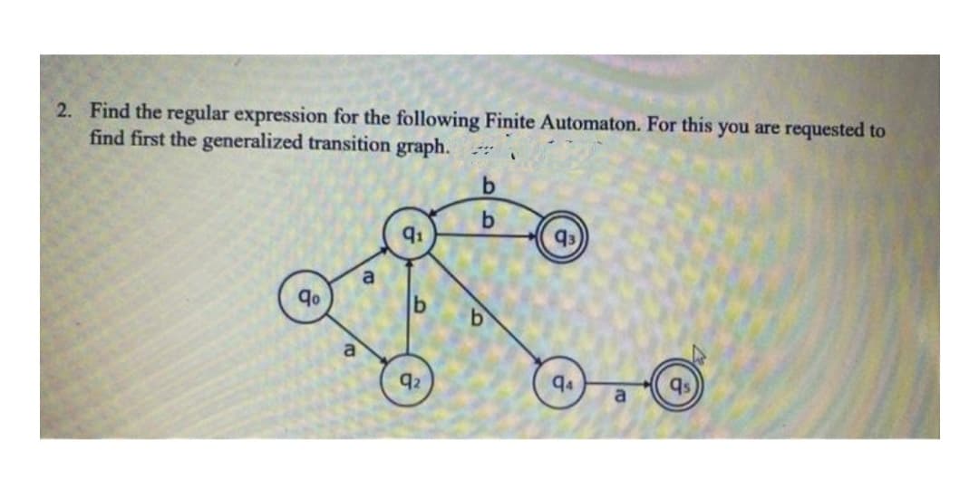 2. Find the regular expression for the following Finite Automaton. For this you are requested to
find first the generalized transition graph.
q2
94
a
