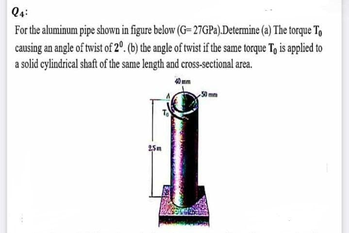 24:
For the aluminum pipe shown in figure below (G=27GPa).Determine (a) The torque To
causing an angle of twist of 20. (b) the angle of twist if the same torque To is applied to
a solid cylindrical shaft of the same length and cross-sectional area.
40 mm
50 mm
To
2,5m