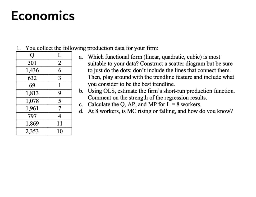 Economics
1. You collect the following production data for your firm:
a. Which functional form (linear, quadratic, cubic) is most
suitable to your data? Construct a scatter diagram but be sure
to just do the dots; don't include the lines that connect them.
Then, play around with the trendline feature and include what
you consider to be the best trendline.
b. Using OLS, estimate the firm's short-run production function.
Comment on the strength of the regression results.
c. Calculate the Q, AP, and MP for L= 8 workers.
d. At 8 workers, is MC rising or falling, and how do you know?
301
2
1,436
6
632
3
69
1
1,813
9
1,078
1,961
5
7
797
4
1,869
11
2,353
10
