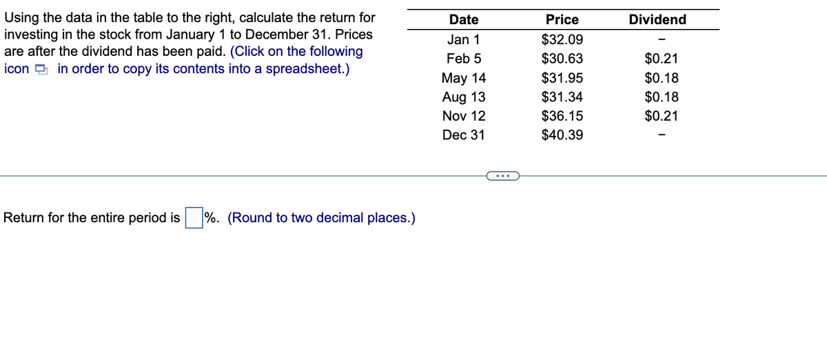 Using the data in the table to the right, calculate the return for
investing in the stock from January 1 to December 31. Prices
are after the dividend has been paid. (Click on the following
icon in order to copy its contents into a spreadsheet.)
Return for the entire period is %. (Round to two decimal places.)
Date
Jan 1
Feb 5
May 14
Aug 13
Nov 12
Dec 31
Price
$32.09
$30.63
$31.95
$31.34
$36.15
$40.39
Dividend
$0.21
$0.18
$0.18
$0.21