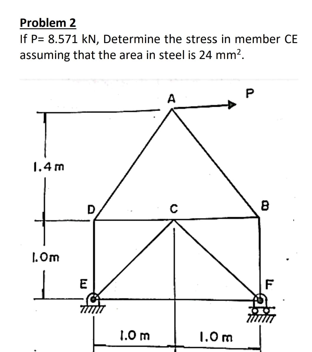 Problem 2
If P= 8.571 kN, Determine the stress in member CE
assuming that the area in steel is 24 mm².
A
1.4 m
D
1. Om
E
F
1.0 m
1.0 m
