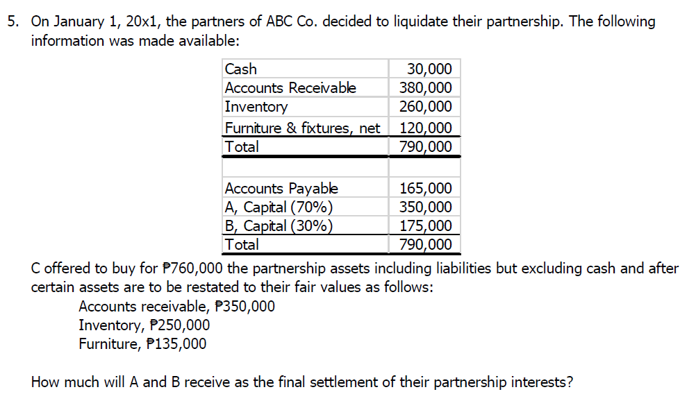 5. On January 1, 20x1, the partners of ABC Co. decided to liquidate their partnership. The following
information was made available:
Cash
Accounts Receivable
Inventory
Furniture & fixtures, net
Total
Accounts Payable
A, Capital (70%)
B, Capital (30%)
Total
30,000
380,000
260,000
120,000
790,000
165,000
350,000
175,000
790,000
C offered to buy for $760,000 the partnership assets including liabilities but excluding cash and after
certain assets are to be restated to their fair values as follows:
Accounts receivable, P350,000
Inventory, P250,000
Furniture, P135,000
How much will A and B receive as the final settlement of their partnership interests?