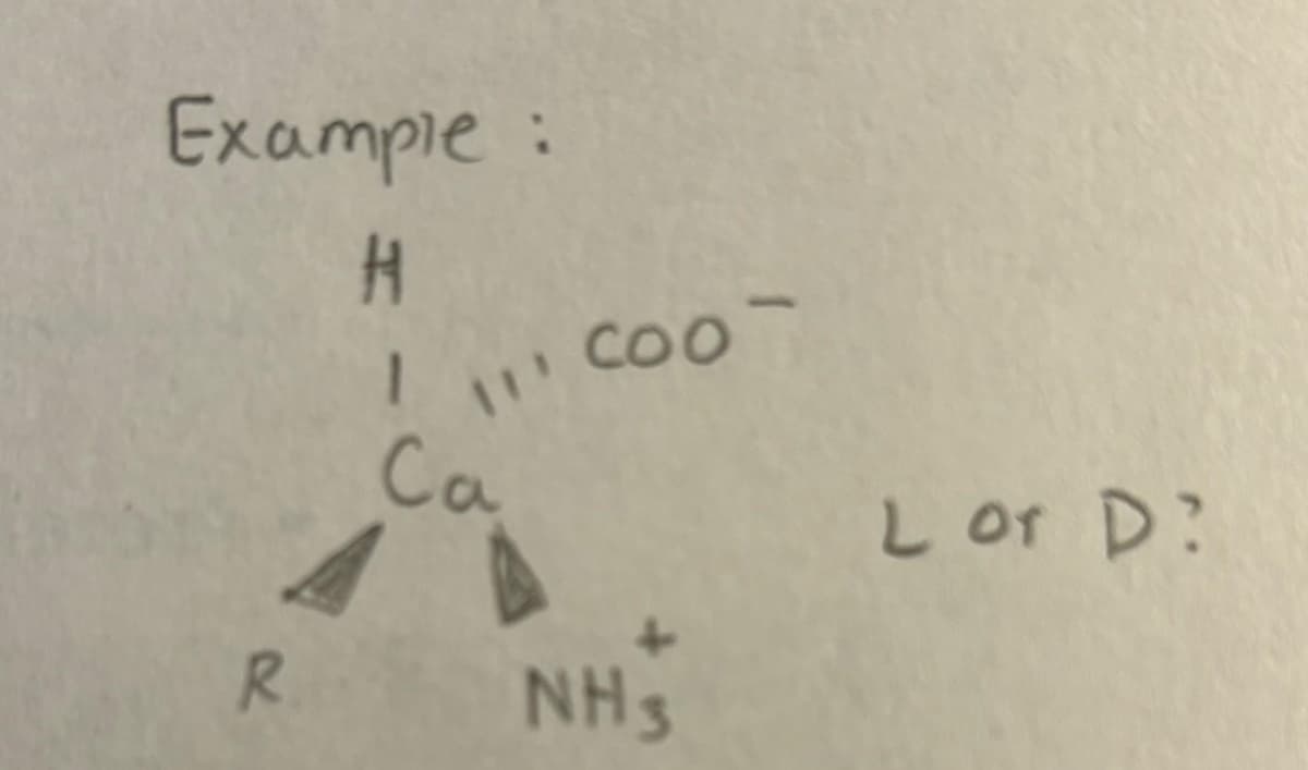 Example:
H
R
11' COO-
Ca
↓
NH3
L or D?