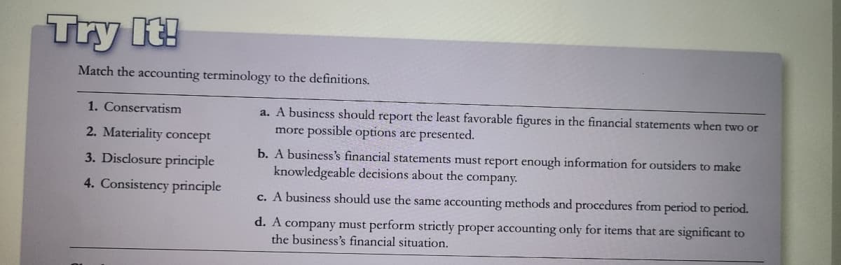 Try It!
Match the accounting terminology to the definitions.
1. Conservatism
a. A business should report the least favorable figures in the financial statements when two or
more possible options are presented.
2. Materiality concept
b. A business's financial statements must report enough information for outsiders to make
knowledgeable decisions about the company.
3. Disclosure principle
4. Consistency principle
c. A business should use the same accounting methods and procedures from period to period.
d. A company must perform strictly proper accounting only for items that are significant to
the business's financial situation.
