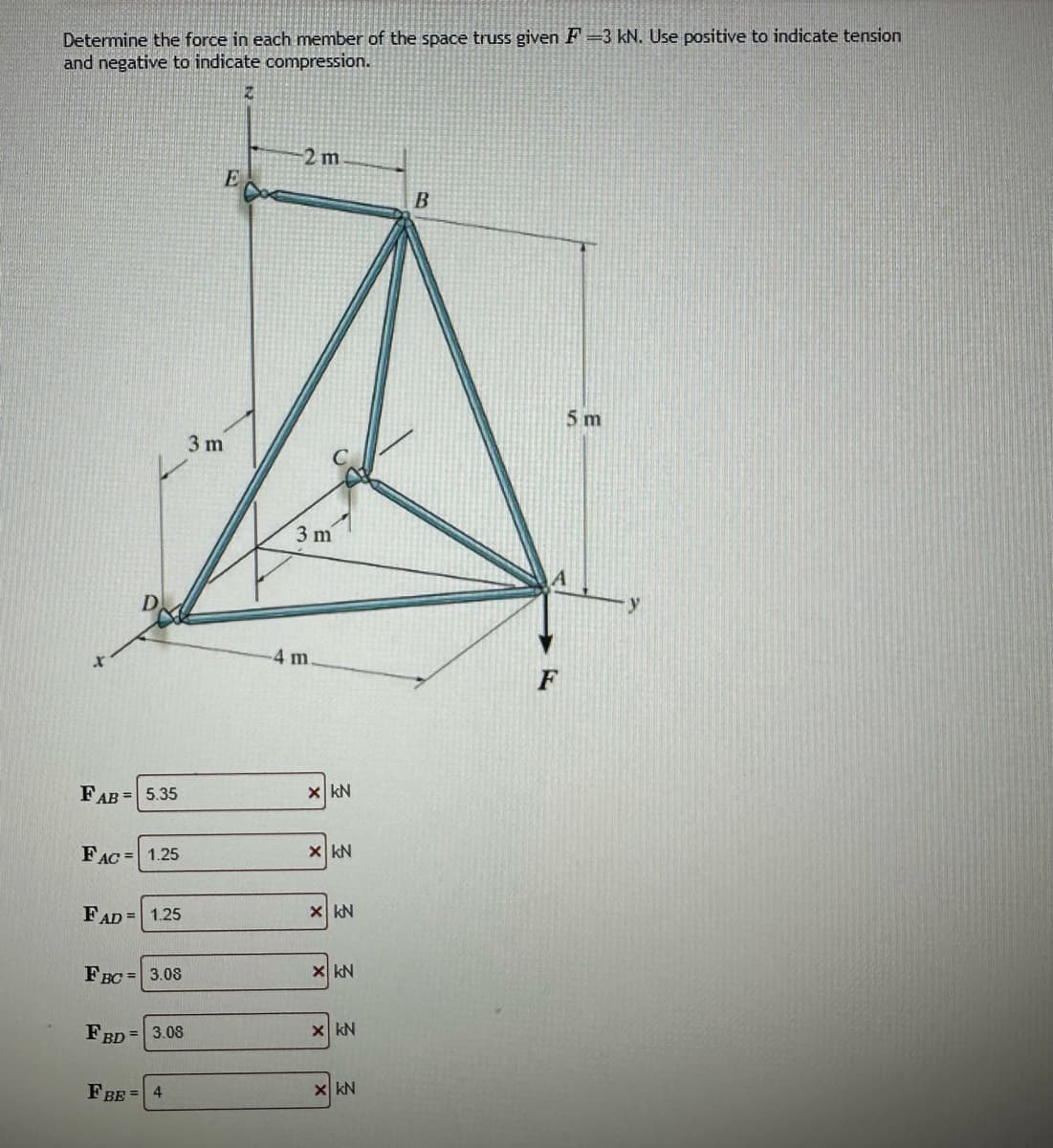Determine the force in each member of the space truss given F-3 kN. Use positive to indicate tension
and negative to indicate compression.
Z
D
FAB= 5.35
FAC = 1.25
FAD = 1.25
FBC= 3.08
FBD = 3.08
FBE = 4
3 m
E
2 m
3 m
4 m.
x kN
X KN
X KN
x kN
x kN
X KN
B
5 m
A
F
y