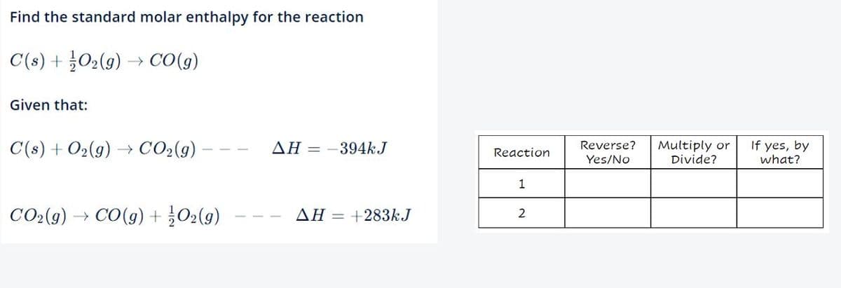 Find the standard molar enthalpy for the reaction
C(s) + O₂(g) → CO(g)
Given that:
C(s) + O₂(g) → CO₂(g)
CO₂(g) → CO(g) + O2(g)
AH = -394k.J
AH = +283kJ
Reaction
1
2
Reverse? Multiply or
Yes/No
Divide?
If yes, by
what?