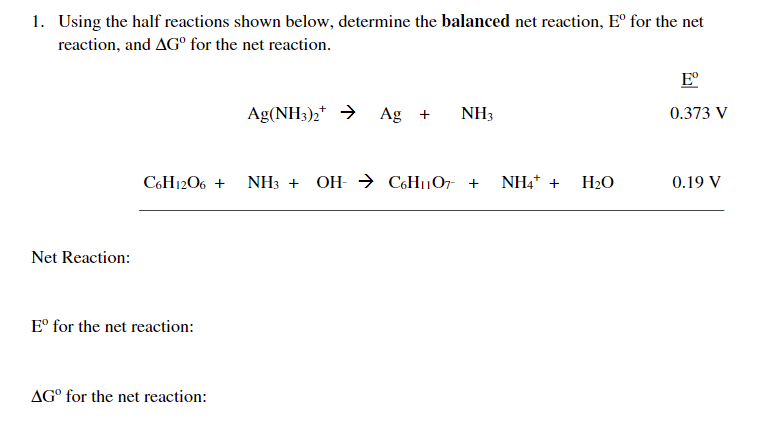 1. Using the half reactions shown below, determine the balanced net reaction, E° for the net
reaction, and AG° for the net reaction.
E°
Ag(NH3)2* →
Ag +
NH3
0.373 V
C6H12O6 +
NH3 + OH- → CH|07 +
NH4* +
H2O
0.19 V
Net Reaction:
E° for the net reaction:
AG° for the net reaction:
