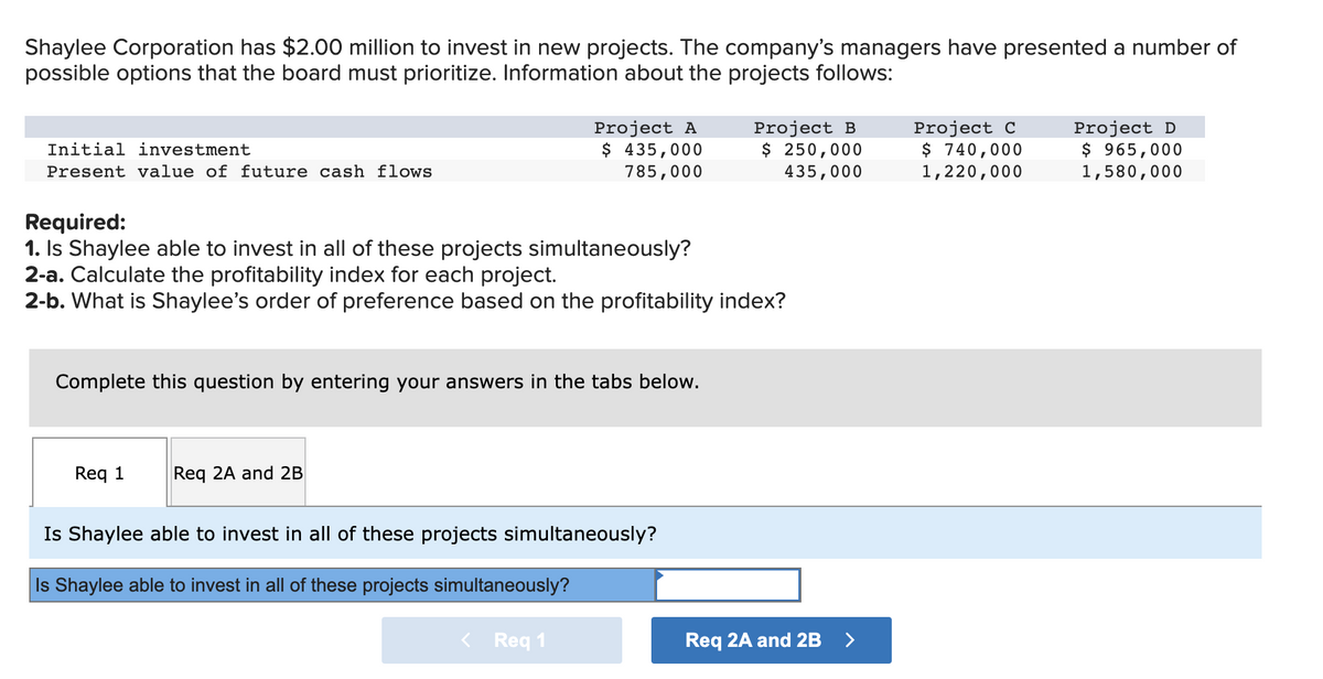 Shaylee Corporation has $2.00 million to invest in new projects. The company's managers have presented a number of
possible options that the board must prioritize. Information about the projects follows:
Initial investment
Present value of future cash flows
Required:
1. Is Shaylee able to invest in all of these projects simultaneously?
2-a. Calculate the profitability index for each project.
2-b. What is Shaylee's order of preference based on the profitability index?
Complete this question by entering your answers in the tabs below.
Req 1
Project A
$ 435,000
785,000
Req 2A and 2B
Is Shaylee able to invest in all of these projects simultaneously?
Is Shaylee able to invest in all of these projects simultaneously?
< Req 1
Project B
$ 250,000
435,000
Req 2A and 2B >
Project C
$ 740,000
1,220,000
Project D
$ 965,000
1,580,000
