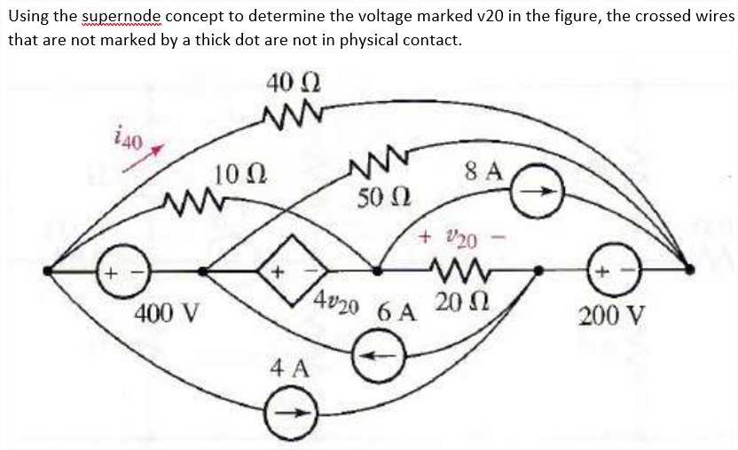 Using the supernode concept to determine the voltage marked v20 in the figure, the crossed wires
that are not marked by a thick dot are not in physical contact.
40 Q
i40
10 0
8 A
50 N
+ V20
20 N
4020 6 A
400 V
200 V
4 A
