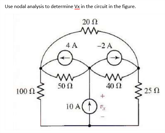 Use nodal analysis to determine Vx in the circuit in the figure.
20 N
4 A
-2 A
50 0
40 0
100 N
25 N
10 A(↑ ) "x
