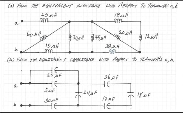 (a) FIND THE EQUIVALENT INDUCTANCE WITH RESPECT TO TERMINALS a, b.
25 ма
18 u H
эт
a
b
вома
a
ст
b..
15 мн
от
(b) FIND THE EQUIVALENT CAPACITANCE WITH RESPECT TO TERMINALS
а, д.
HE
25 MF
HE
5 мF
зомн 375 мн
Зома
не
-24 мF
38 мн
т
36 μF
не
20 мн
12мF
не
12 мн
18 мF