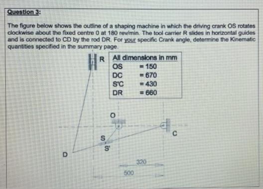 Question 3:
The figure below shows the outline of a shaping machine in which the driving crank OS rotates
clockwise about the fixed centre 0 at 180 rev/min. The tool carrier R slides in horizontal guides
and is connected to CD by the rod DR. For your specific Crank angle, determine the Kinematic
quantities specified in the summary page.
RAll dimensions in mm
OS
DC
S'C
= 150
= 670
= 430
= 660
%3D
%3D
DR
S'
320
500
