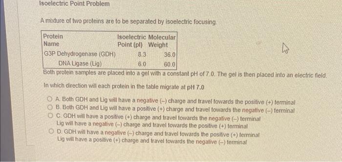 Isoelectric Point Problem
A mixture of two proteins are to be separated by isoelectric focusing
Isoelectric Molecular
Point (pl) Weight
G3P Dehydrogenase (GDH)
8.3
36.0
DNA Ligase (Lig)
6.0
60.0
Both protein samples are placed into a gel with a constant pH of 7.0. The gel is then placed into an electric field.
In which direction will each protein in the table migrate at pH 7.0
Protein
Name
A
A. Both GDH and Lig will have a negative (-) charge and travel towards the positive (+) terminal
OB. Both GDH and Lig will have a positive (+) charge and travel towards the negative (-) terminal
OC. GDH will have a positive (+) charge and travel towards the negative (-) terminal
Lig will have a negative (-) charge and travel towards the positive (+) terminal
OD. GDH will have a negative (-) charge and travel towards the positive (+) terminal
Lig will have a positive (+) charge and travel towards the negative (-) terminal