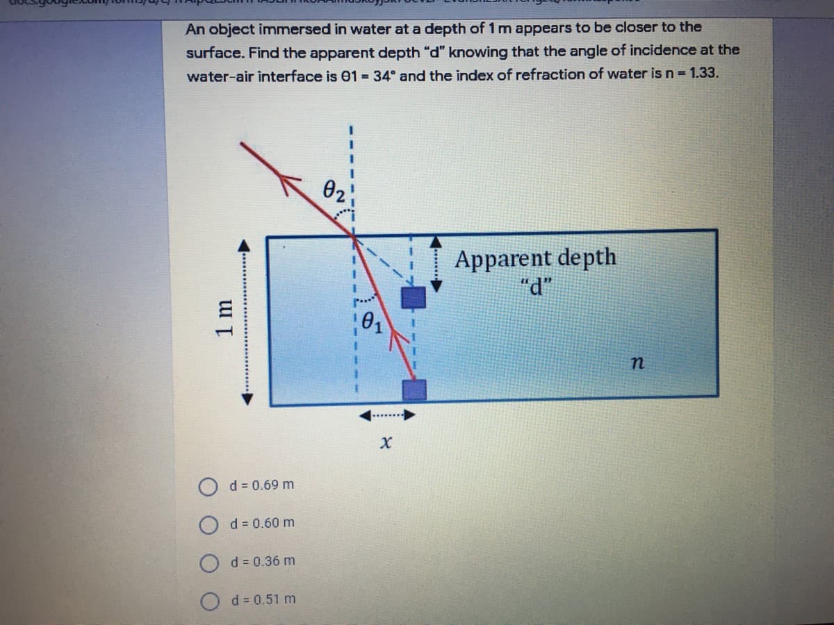 An object immersed in water at a depth of 1 m appears to be closer to the
surface. Find the apparent depth "d" knowing that the angle of incidence at the
water-air interface is 01 34° and the index of refraction of water is n= 1.33.
02
Apparent depth
"d"
d = 0.69 m
d = 0.60 m
O d= 0.36 m
d = 0.51 m
1m
