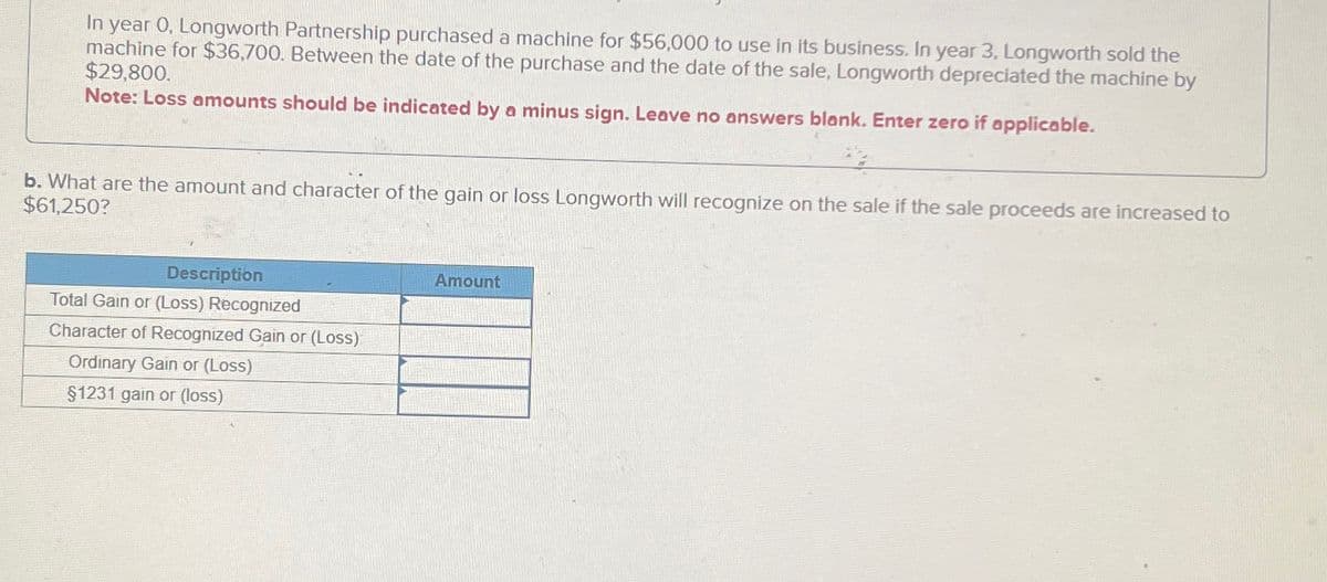 In year 0, Longworth Partnership purchased a machine for $56,000 to use in its business. In year 3, Longworth sold the
machine for $36,700. Between the date of the purchase and the date of the sale, Longworth depreciated the machine by
$29,800.
Note: Loss amounts should be indicated by a minus sign. Leave no answers blank. Enter zero if applicable.
b. What are the amount and character of the gain or loss Longworth will recognize on the sale if the sale proceeds are increased to
$61,250?
Description
Total Gain or (Loss) Recognized
Character of Recognized Gain or (Loss)
Ordinary Gain or (Loss)
$1231 gain or (loss)
Amount