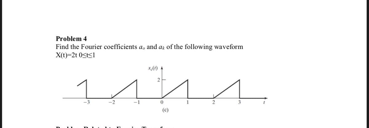 Problem 4
Find the Fourier coefficients a, and ak of the following waveform
X(t)=2t 0<t<1
x(1) A
2
in
0
(c)
3