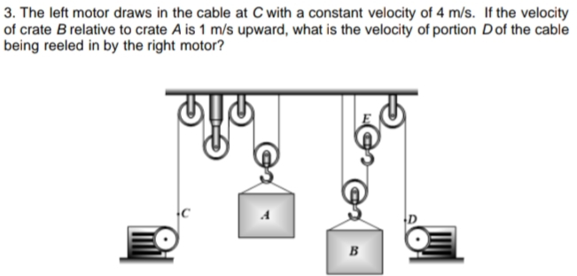 3. The left motor draws in the cable at C with a constant velocity of 4 m/s. If the velocity
of crate B relative to crate A is 1 m/s upward, what is the velocity of portion Dof the cable
being reeled in by the right motor?
B

