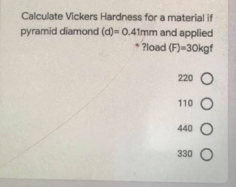 Calculate Vickers Hardness for a material if
pyramid diamond (d)= 0.41mm and applied
?load (F)=30kgf
220 O
110 O
440 O
330 O
