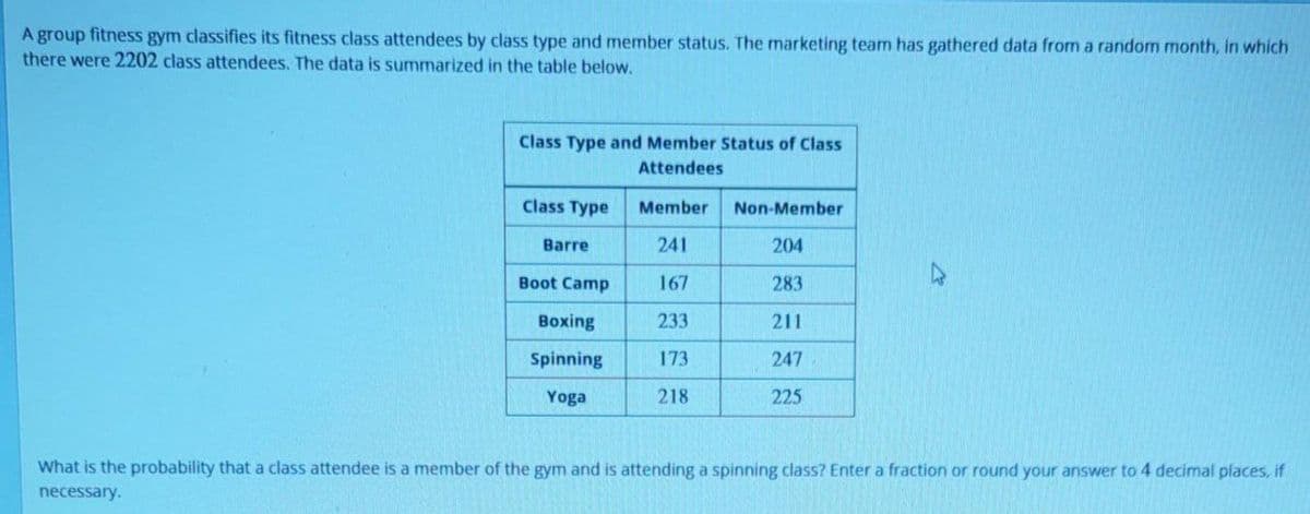 A group fitness gym classifies its fitness class attendees by class type and member status. The marketing team has gathered data from a random month, in which
there were 2202 class attendees. The data is summarized in the table below.
Class Type and Member Status of Class
Attendees
Class Type
Member Non-Member
Barre
241
204
Boot Camp
167
283
Boxing
233
211
Spinning
173
247
Yoga
218
225
What is the probability that a class attendee is a member of the gym and is attending a spinning class? Enter a fraction or round your answer to 4 decimal places, if
necessary.