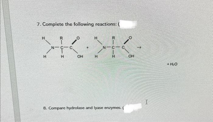 7. Complete the following reactions: (
关关
H
H
H
OH
H
H
NIC
8. Compare hydrolase and lyase enzymes. (
OH
I
+ HO