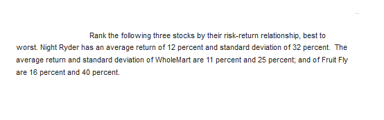 Rank the following three stocks by their risk-return relationship, best to
worst. Night Ryder has an average return of 12 percent and standard deviation of 32 percent. The
average return and standard deviation of WholeMart are 11 percent and 25 percent; and of Fruit Fly
are 16 percent and 40 percent.
